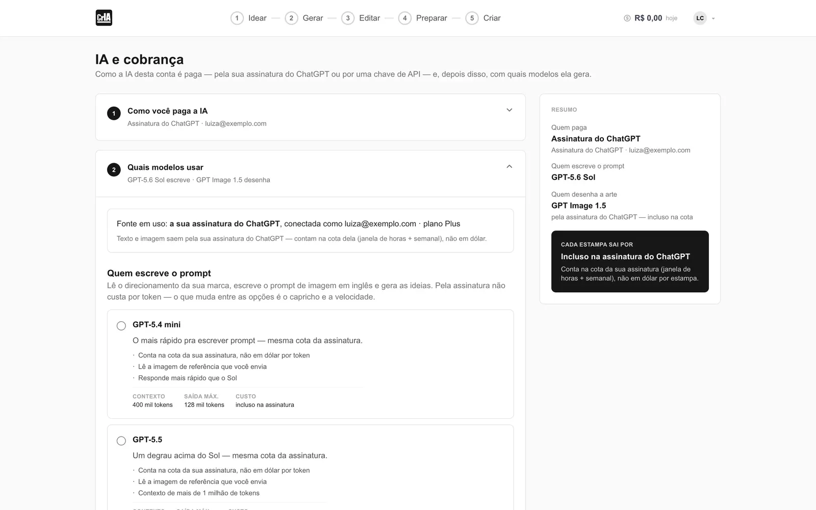 Configuração da IA com a assinatura do ChatGPT conectada e o resumo: cada estampa sai incluída na assinatura.