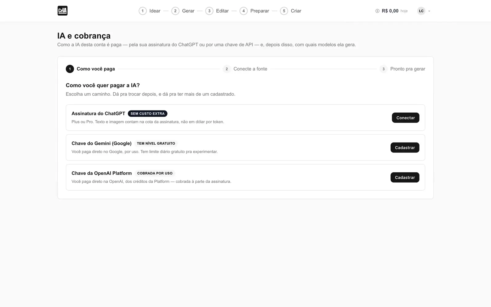 Tela IA e cobrança com três caminhos: assinatura do ChatGPT sem custo extra, chave do Gemini e chave da OpenAI.
