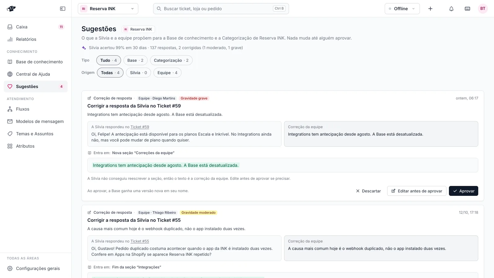 Tela de sugestões com correções da equipe, a resposta original da Silvia e onde a mudança entra na base.