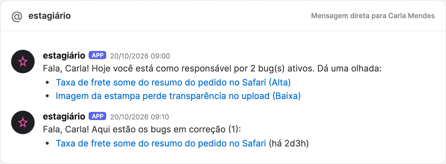 Resumo da manhã e lista de bugs em correção enviados pelo estagiário.