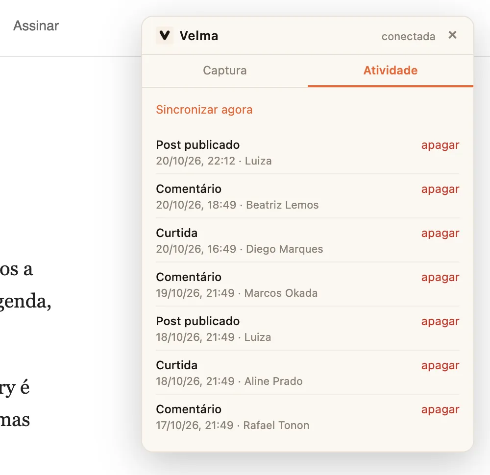 Aba Atividade da extensão com posts, comentários e curtidas.